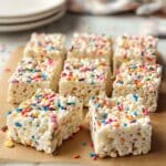 Popcorn Marshmallow Treats with White Chocolate Chips and Sprinkles Recipe