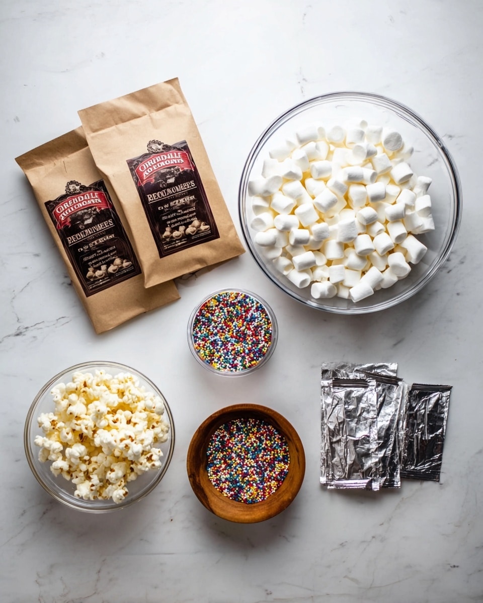 The image shows several ingredients laid out on a white marbled surface. There are three brown paper packets of Orville Redenbacher's popcorn on the top left. To their right is a large clear glass bowl full of small white marshmallows. Below the popcorn packets, there is a medium clear glass bowl filled with white chocolate chips. Next to it, on the right, is a small wooden bowl with colorful sprinkles. To the right of the wooden bowl are two small silver foil packets stacked together. photo taken with an iphone --ar 4:5 --v 7