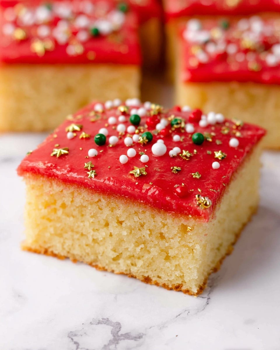 The image shows a square slice of yellow cake with one layer of bright red frosting spread on top. The frosting is smooth but slightly textured, and it is decorated with small round sprinkles in white, red, and green, as well as gold star-shaped sprinkles scattered evenly. The cake looks soft and moist with small air holes visible in the crumb. The cake slice sits on a white marbled surface with other similar slices blurred in the background. photo taken with an iphone --ar 4:5 --v 7