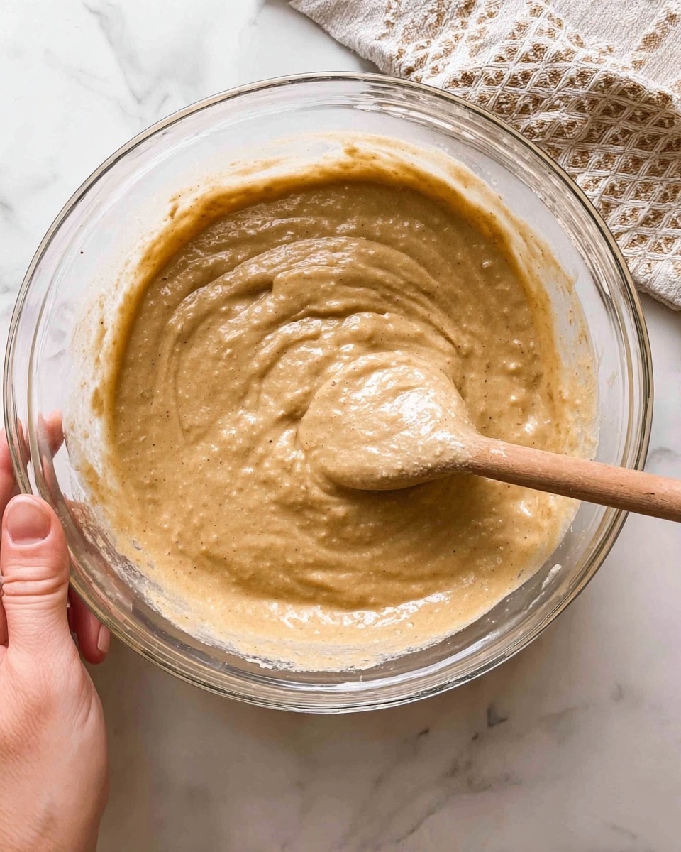 A clear glass bowl filled with a thick, light brown batter with a slightly lumpy texture. A wooden spoon is partially dipped into the batter, showing some movement in the creamy mixture. At the bottom right edge of the image, a woman's hand holds the bowl gently. The bowl is placed on a white marbled surface with a beige and white patterned cloth partially visible in the top right corner. The lighting is natural, highlighting the smooth and thick texture of the batter photo taken with an iphone --ar 4:5 --v 7