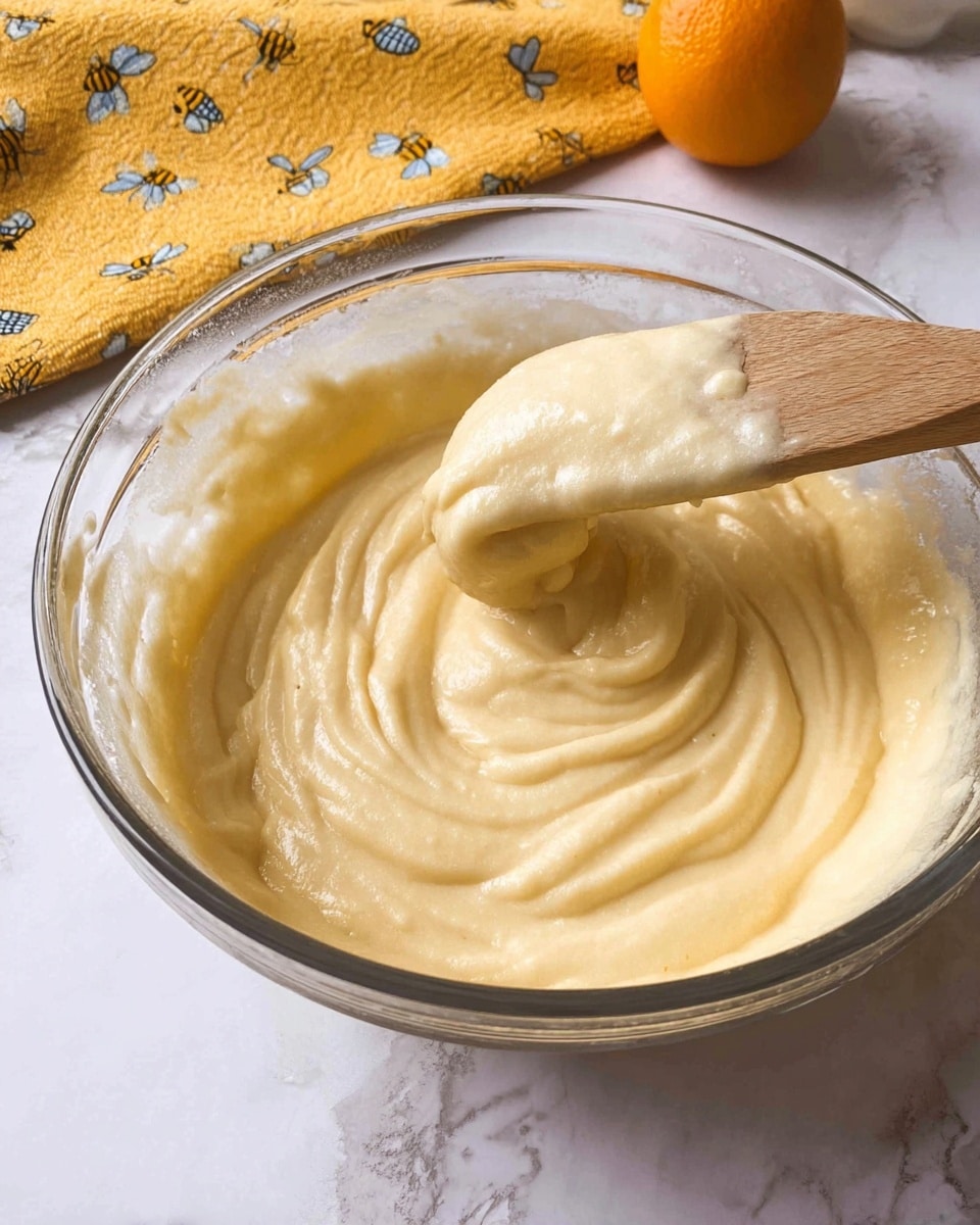 A clear glass bowl filled with thick, pale yellow batter that has a smooth, creamy texture. A wooden spatula covered in the same batter is lifted above the bowl, showing a swirl shape in the batter below. The bowl sits on a white marbled surface. In the top part of the image, a small part of a yellow cloth with bee patterns and a bright orange fruit are visible on the white marbled surface. photo taken with an iphone --ar 4:5 --v 7