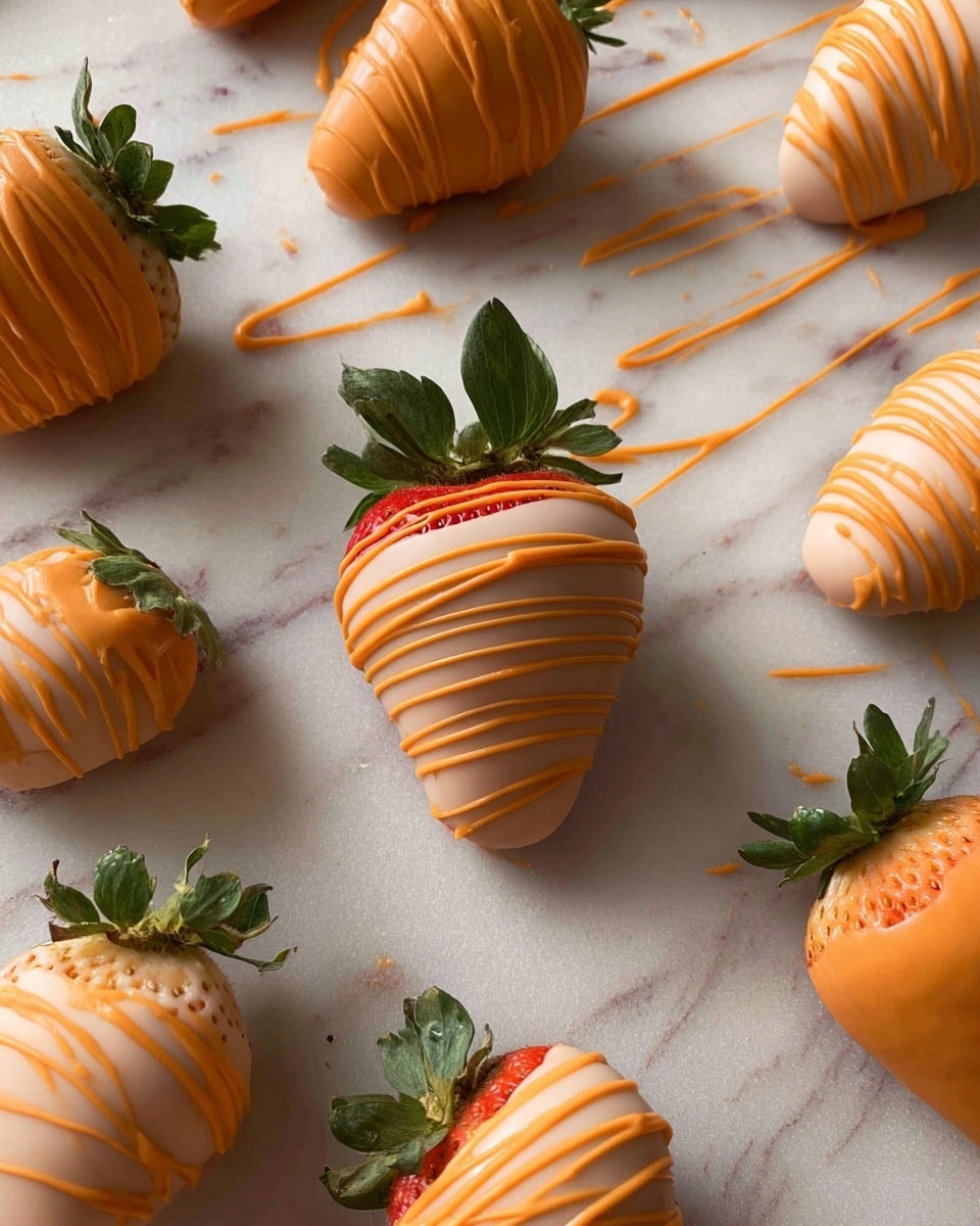 Several strawberries are shown on a flat surface with a white marbled texture. Some strawberries are fully covered in a smooth, light orange coating, while others are still being decorated with drizzles of the same orange layer from above. The top green leaves of each strawberry remain visible, adding contrast to the orange coating. The orange drizzle forms uneven lines over some of the strawberries, creating a textured effect on their surface. The image captures the moment of decoration and the mix of smooth and streaked layers on the strawberries. photo taken with an iphone --ar 4:5 --v 7