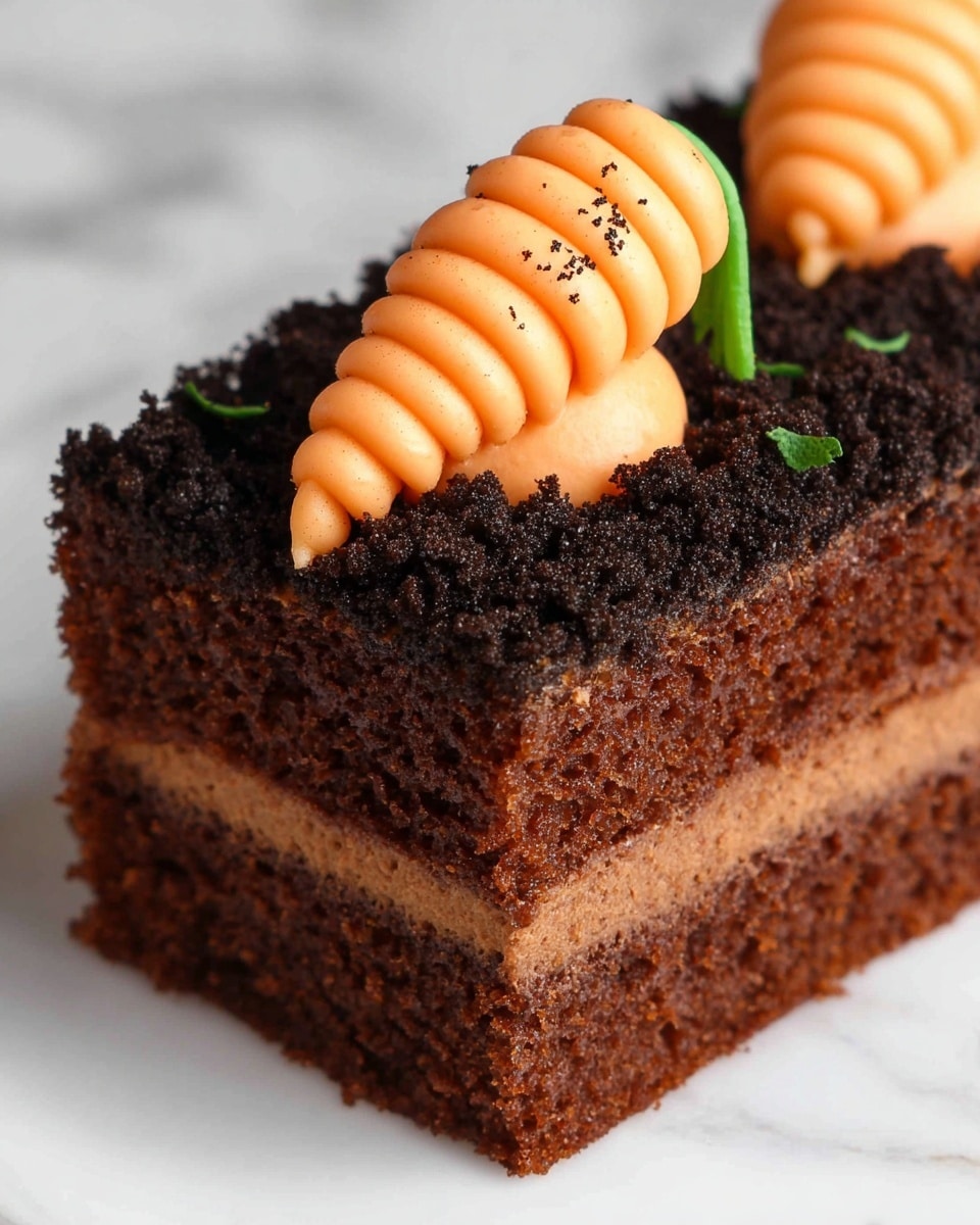 The image shows a single square slice of chocolate cake with three visible layers. The bottom and largest layer is a moist, medium-dark brown cake with a soft, slightly spongy texture. The middle layer is a thin, crumbly dark brown topping that looks like crushed cookie crumbs, covering the entire top surface of the cake. The top layer is a smooth, light orange carrot-shaped decoration made of frosting, placed vertically in the center of the cake slice, with several rounded ridges going around it and a few small black specks on its surface. The carrot also has tiny green leaves visible to one side near its base. The cake is placed on a white plate with a white marbled surface in the background. photo taken with an iphone --ar 4:5 --v 7