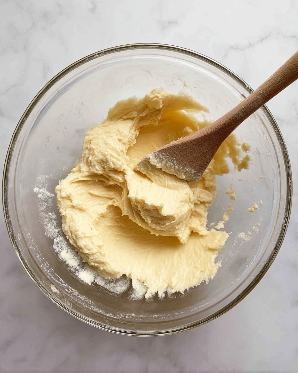 A clear glass bowl sits on a white marbled surface, holding a soft yellow dough mixture with a smooth, creamy texture spread unevenly inside. A wooden spoon with a rounded head is partially resting in the dough, its surface marked with some dough residue. The dough appears thick but pliable, covering the bottom of the bowl in an irregular layer. photo taken with an iphone --ar 4:5 --v 7