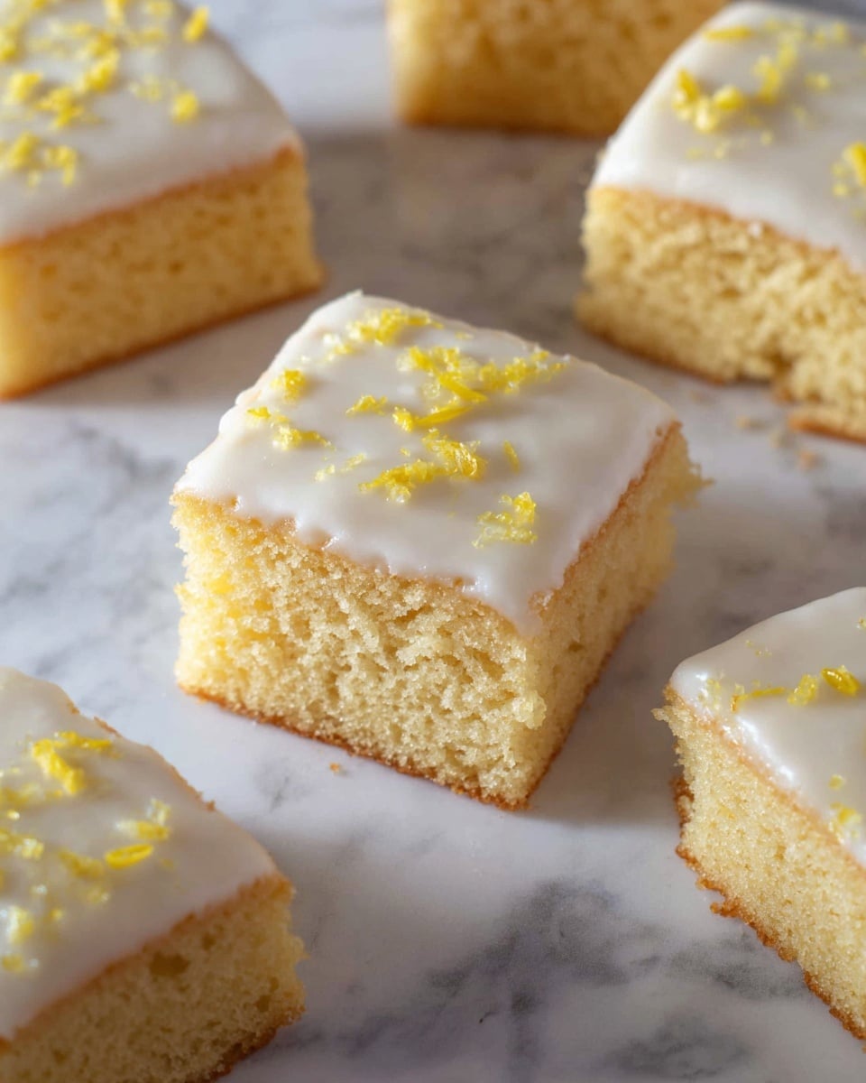 The image shows five square pieces of a light yellow cake with a soft, spongy texture. Each piece has one layer of cake topped with a thin, smooth layer of white icing. The icing has small yellow sprinkles scattered on top for decoration. The cakes are placed on a white marbled surface, arranged with one piece in the center and four pieces partially visible around it. The focus is on the cake piece in the middle, showing its soft crumb and glossy icing clearly. Photo taken with an iphone --ar 4:5 --v 7