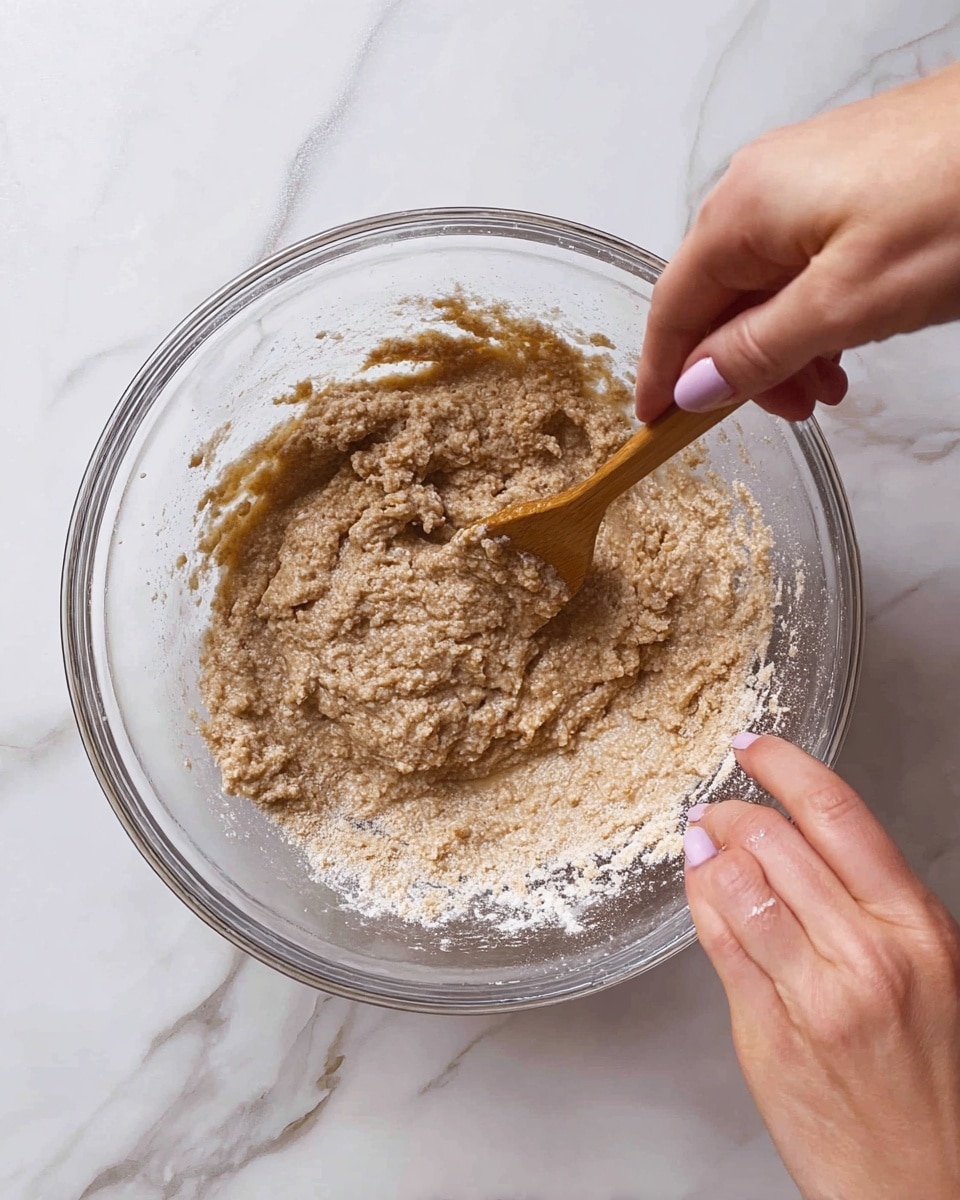 A clear glass mixing bowl sits on a white marbled surface, filled with a thick, grainy light brown mixture that has a slightly wet texture. A woman's hand with pale pink nail polish holds a wooden spoon stirring the mixture, while her other fingers rest gently on the side of the bowl. The mixture spreads unevenly along the bottom and sides, showing texture variations with some clumps and smooth areas. Photo taken with an iphone --ar 4:5 --v 7