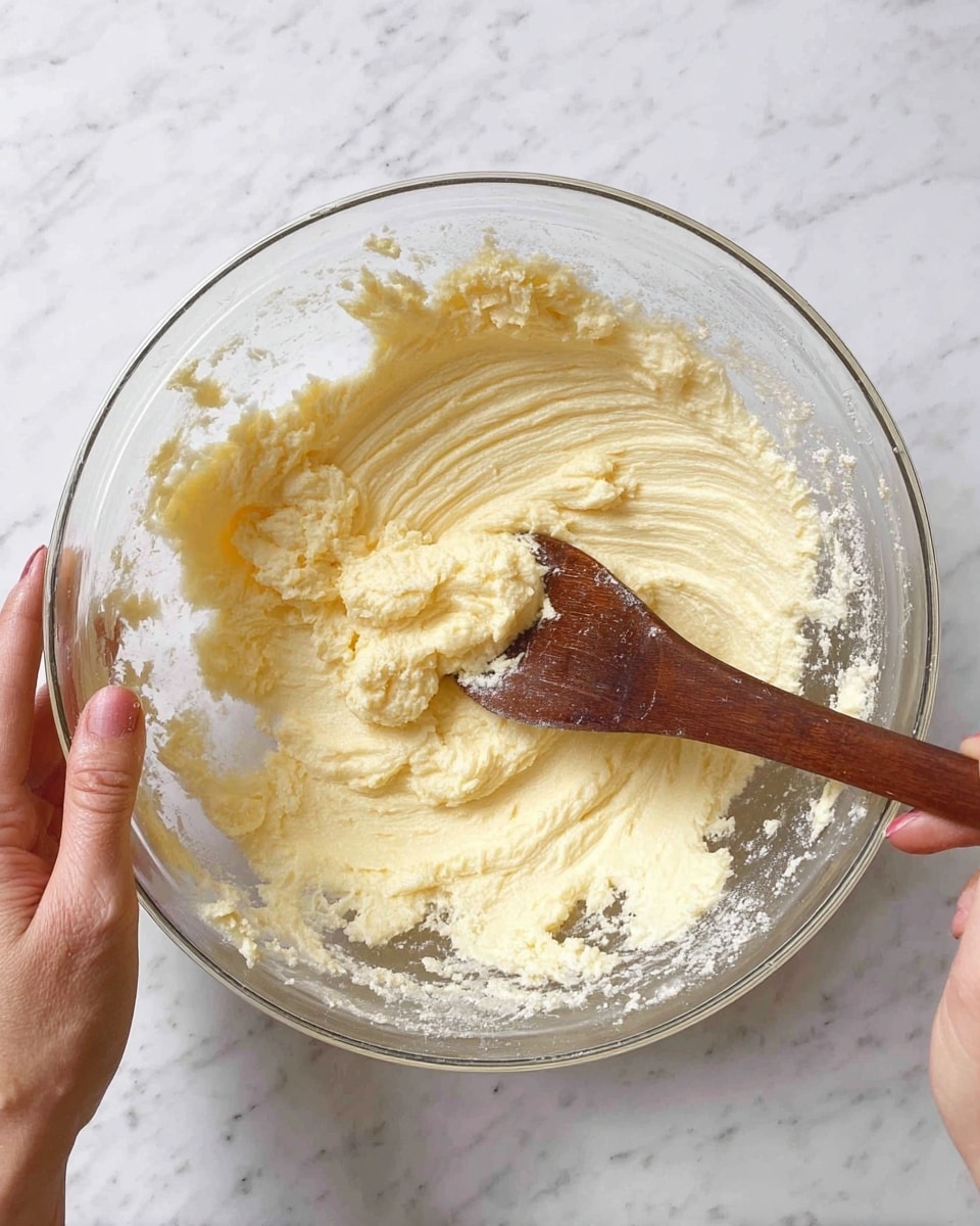 A large clear glass bowl sits on a white marbled surface, filled with a creamy pale yellow mixture that looks soft and fluffy. The mixture has smooth, spread lines inside the bowl showing mixing motion, with bits stuck to the sides. A woman's hand holds the side of the bowl while another woman's hand stirs the mixture with a wooden spoon, which is dark brown and has a smooth texture. Photo taken with an iphone --ar 4:5 --v 7