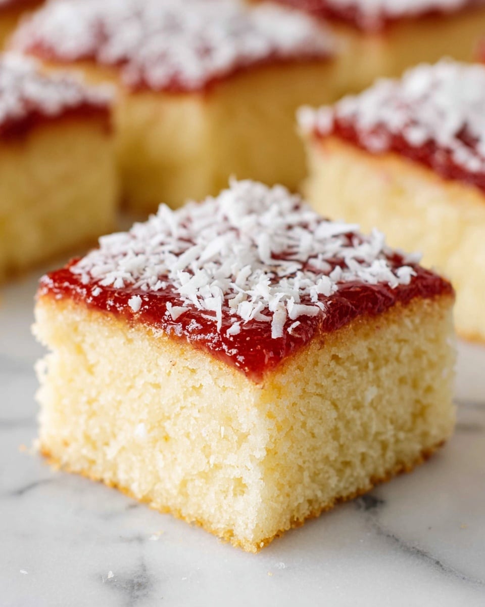 A close-up of a square piece of moist yellow cake with one thick layer. The bottom layer is light yellow with a soft, spongy texture. The top layer is a thin, glossy red jam spread evenly across the surface. On top of the jam, there is a sprinkle of white shredded coconut covering the entire top. The cake sits on a white marbled surface, and out-of-focus similar squares are in the background. Photo taken with an iphone --ar 4:5 --v 7