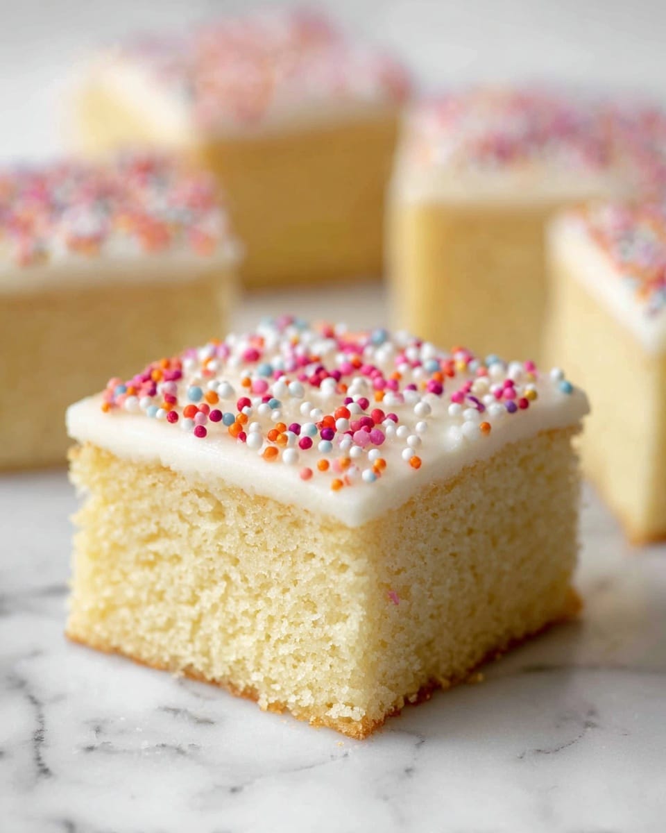 A square piece of soft yellow cake with one thick layer shows a smooth white frosting topped with small round sprinkles in red, pink, white, orange, and blue on top, sitting on a white marbled surface; in the background, similar pieces of the cake are slightly out of focus. photo taken with an iphone --ar 4:5 --v 7