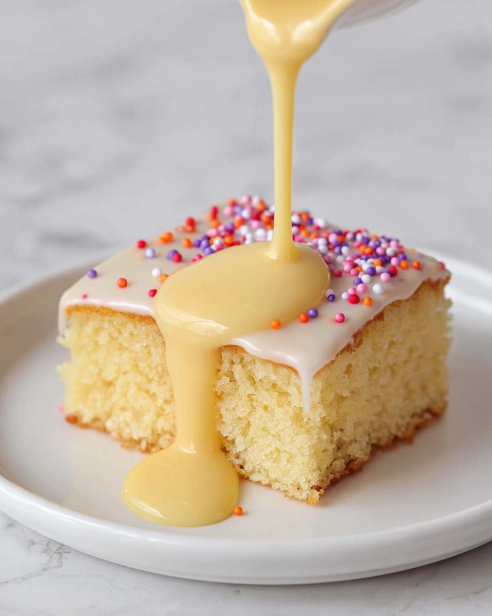 A single square piece of light yellow sponge cake sits on a white plate with a white marbled texture background. The cake has a smooth, thin layer of white icing on top, decorated with small round colorful sprinkles in red, orange, pink, purple, and blue on one side. A thick, creamy yellow sauce is being poured over the cake, flowing down its side and pooling slightly on the plate. The textures show the soft crumb of the cake, the glossy icing, and the rich, smooth sauce photo taken with an iphone --ar 4:5 --v 7