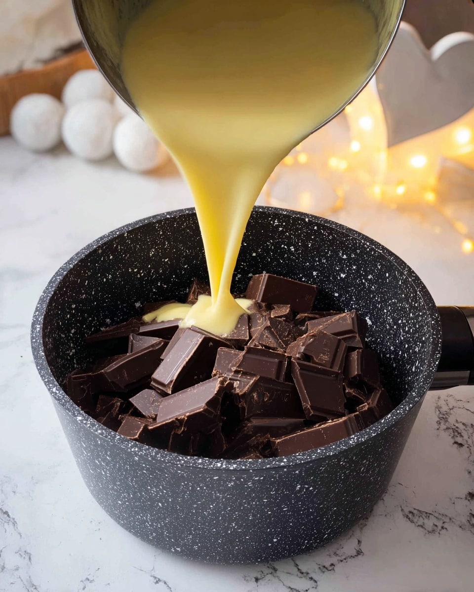 Inside a black speckled pot on a white marbled surface, there is a pile of dark brown chocolate squares filling half of the bottom. A thick, smooth, light yellow liquid is pouring into the pot from above, landing next to the chocolate pieces. In the background, soft yellow lights and some white decorative balls can be seen, along with a small white object with a heart-shaped cutout. The image is bright and cozy, showing the start of a melting or mixing process. photo taken with an iphone --ar 4:5 --v 7