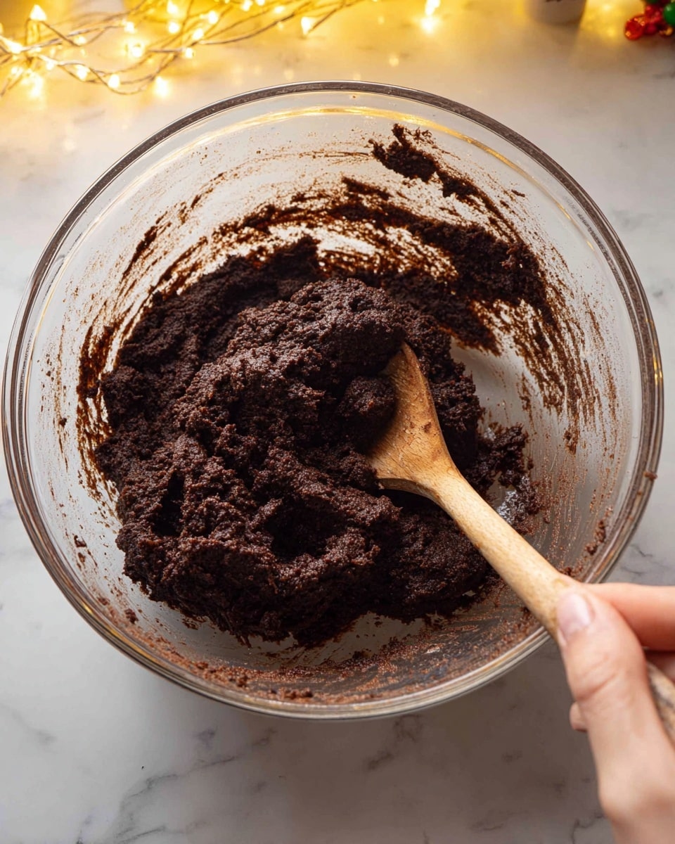 A clear glass bowl holds a thick, dark brown dough with a rough, slightly crumbly texture, with bits sticking to the sides of the bowl. A wooden spoon with some dough on it rests inside the bowl near the bottom, being held by a woman's hand. The bowl sits on a white marbled surface, with warm yellow fairy lights softly glowing in the background, creating a cozy atmosphere. Photo taken with an iphone --ar 4:5 --v 7