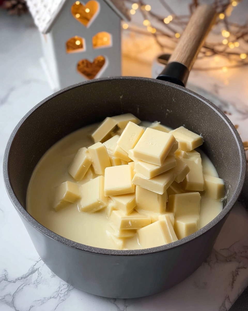 Inside a dark gray pot, there is a creamy, light beige liquid filling the bottom with many square pieces of pale yellow solid chocolate stacked on one side above the liquid. The pot is placed on a white marbled surface and in the background, there is a small white house-shaped decoration with heart and window cutouts, and some blurred warm yellow lights and thin brown branches. Photo taken with an iphone --ar 4:5 --v 7