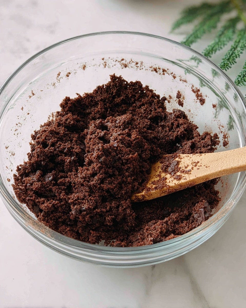 A clear glass bowl sits on a white marbled surface, filled with dark brown crumbly chocolate dough. The dough has a rough texture with small clumps and crumbs spread unevenly inside the bowl. A wooden spoon with a slightly stained surface rests on the dough, partially covered by the chocolate mixture. The background shows faint green leaves blurred near the top edge. Photo taken with an iphone --ar 4:5 --v 7