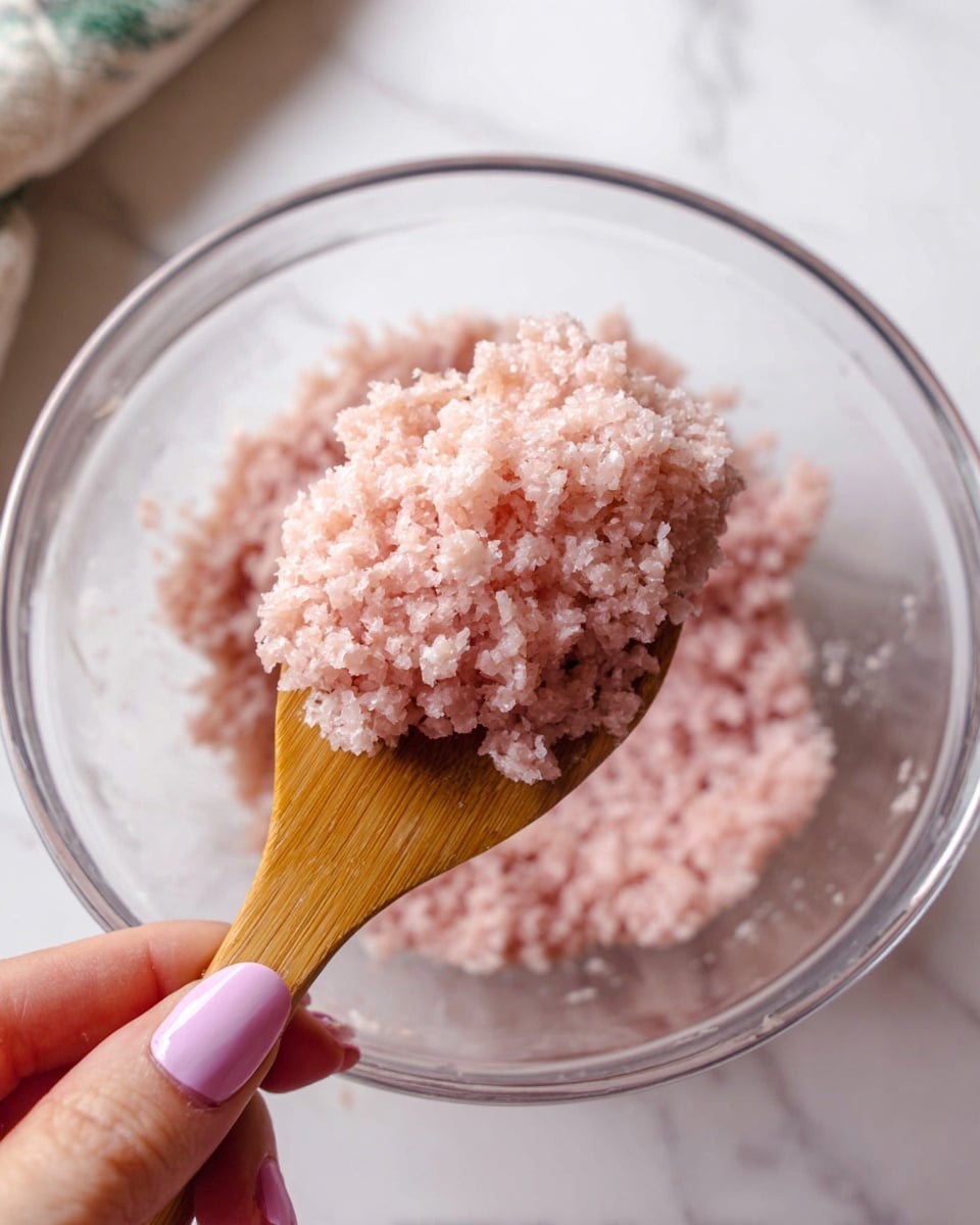 A close-up image shows a clear glass bowl with a mixture of small, sticky grains that are light pink in color, resembling cooked rice. A wooden spoon holds a heap of this mixture above the bowl, showing the texture clearly with the grains sticking together but still distinct. A woman's hand with pale pink nail polish is holding the spoon, positioned at the bottom right corner of the image. The background is a white marbled surface with a faint hint of a blurred cloth in the upper part of the image. Photo taken with an iphone --ar 4:5 --v 7