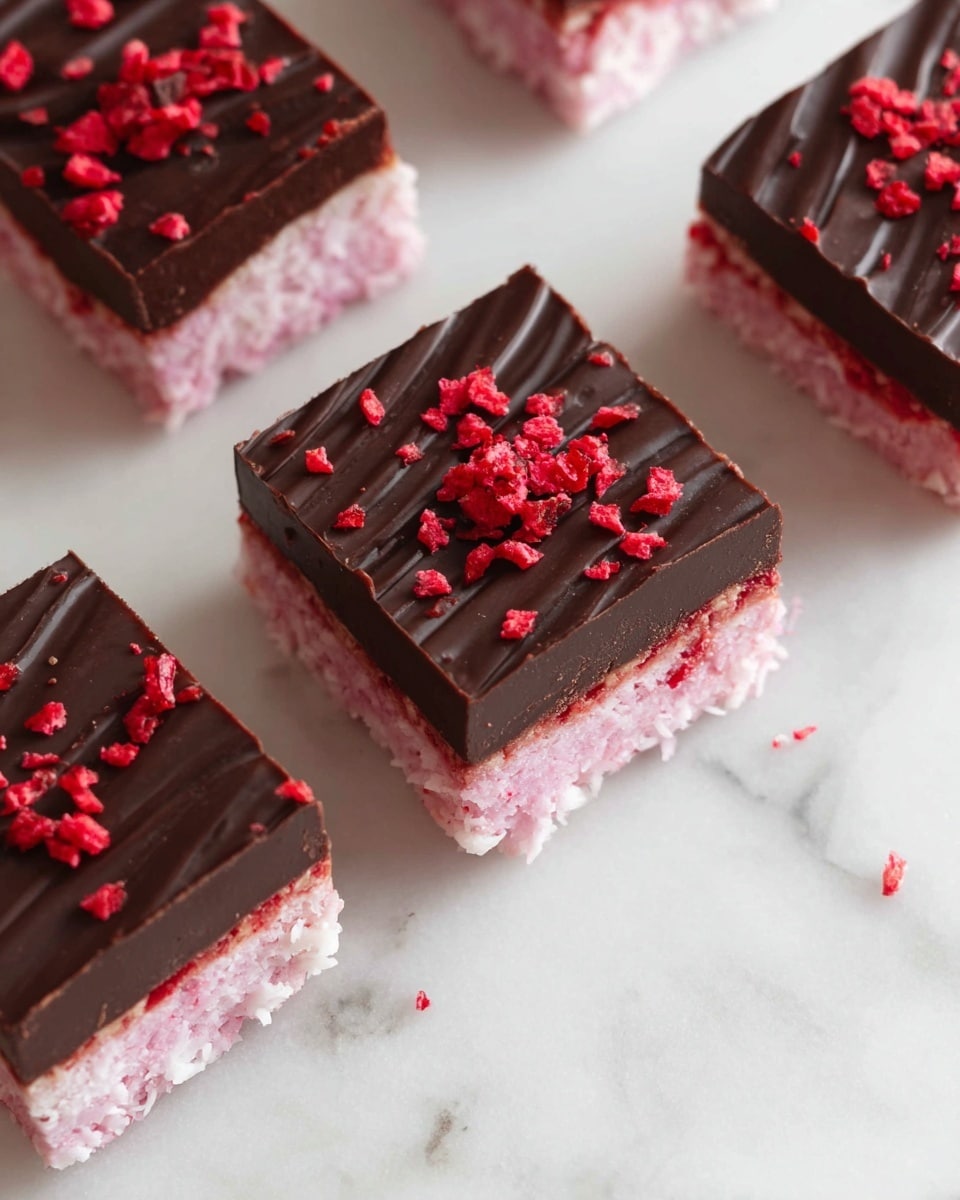 Square dessert pieces are shown on a white marbled surface, each with two clear layers. The bottom layer is thick and pink with a rough, coconut-like texture. The top layer is a smooth, dark chocolate sheet with visible wavy lines and topped with small, bright red crunchy bits scattered unevenly. The edges of the dessert pieces are clean but slightly crumbly, showing the pink layer pressed against the chocolate layer. photo taken with an iphone --ar 4:5 --v 7