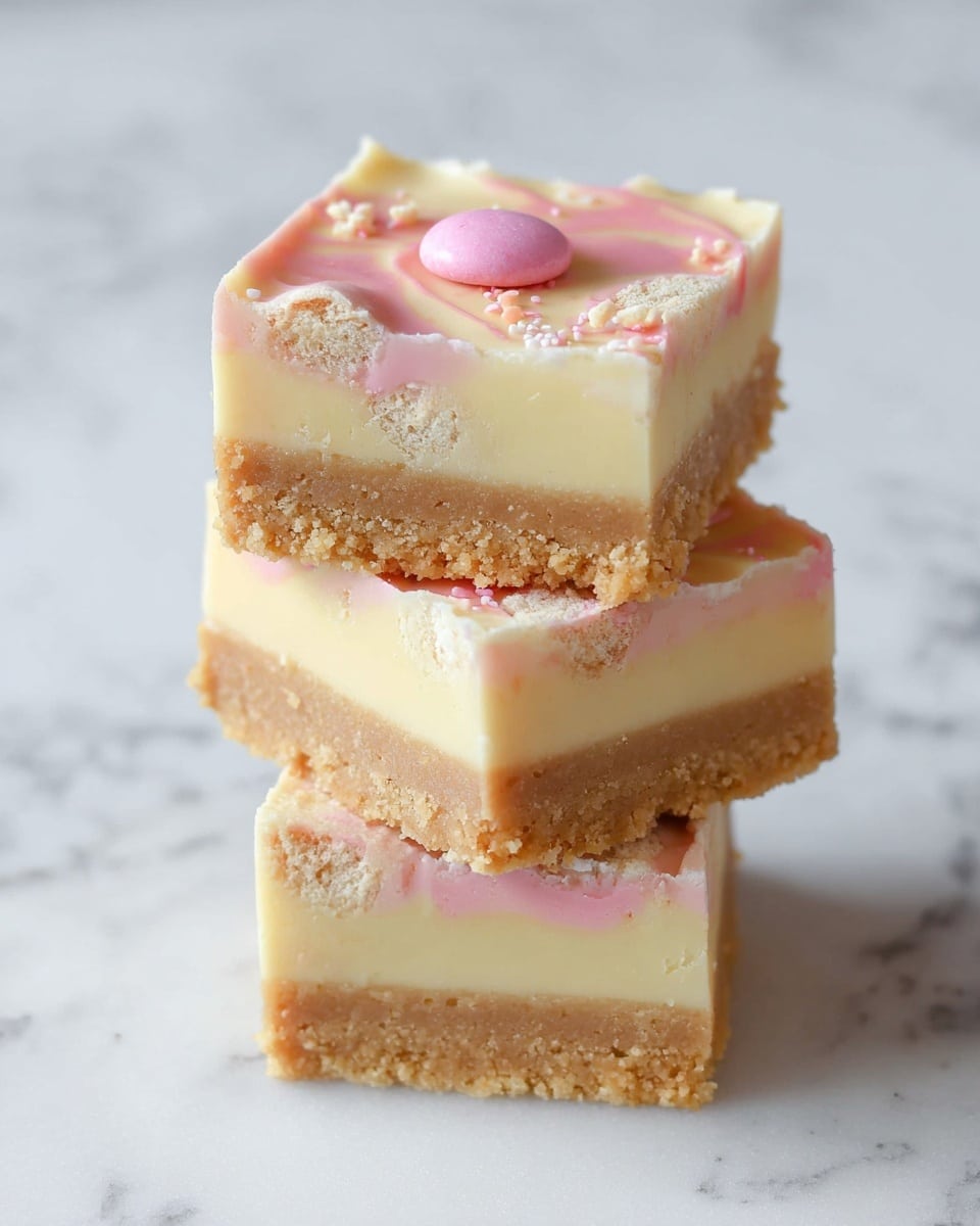 Three square pieces of dessert are stacked on top of each other on a white marbled surface. Each piece has three layers: the bottom layer is thick, light brown, and crumbly; the middle layer is creamy and pale yellow; the top layer is a mix of white and soft pink with some small biscuit pieces visible inside and one round pink candy on the top piece. The edges are clean, and the texture looks smooth and dense. photo taken with an iphone --ar 4:5 --v 7