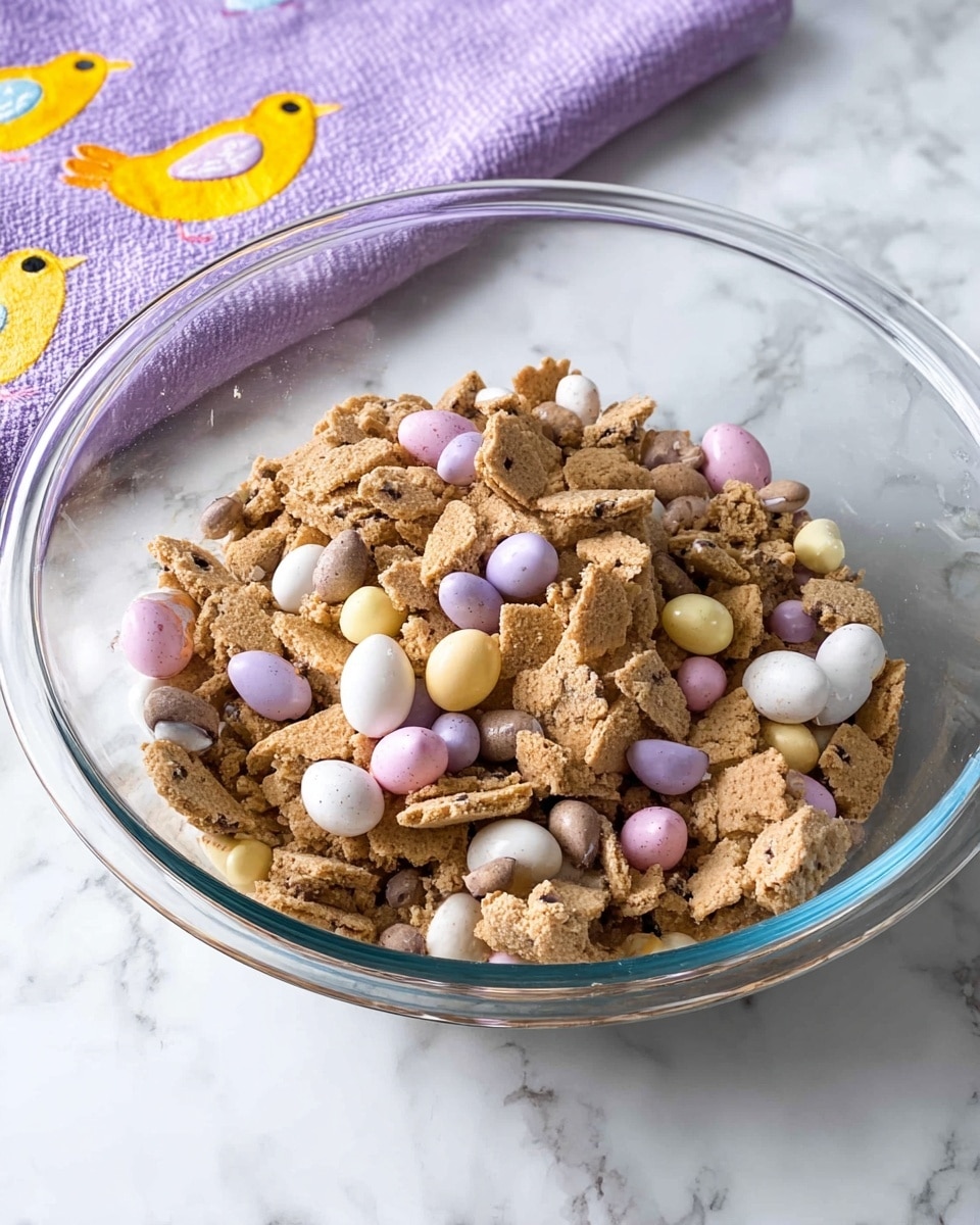 A clear glass bowl sits on a white marbled surface filled with broken light brown biscuit pieces mixed with small, colorful candy-coated chocolate eggs in pastel purple, pink, white, yellow, and brown shades. The biscuit pieces are rough and uneven, giving a crunchy texture, while the candy eggs are smooth and glossy, scattered evenly throughout the mixture. In the background, there is a soft purple towel with yellow and white embroidered birds. photo taken with an iphone --ar 4:5 --v 7