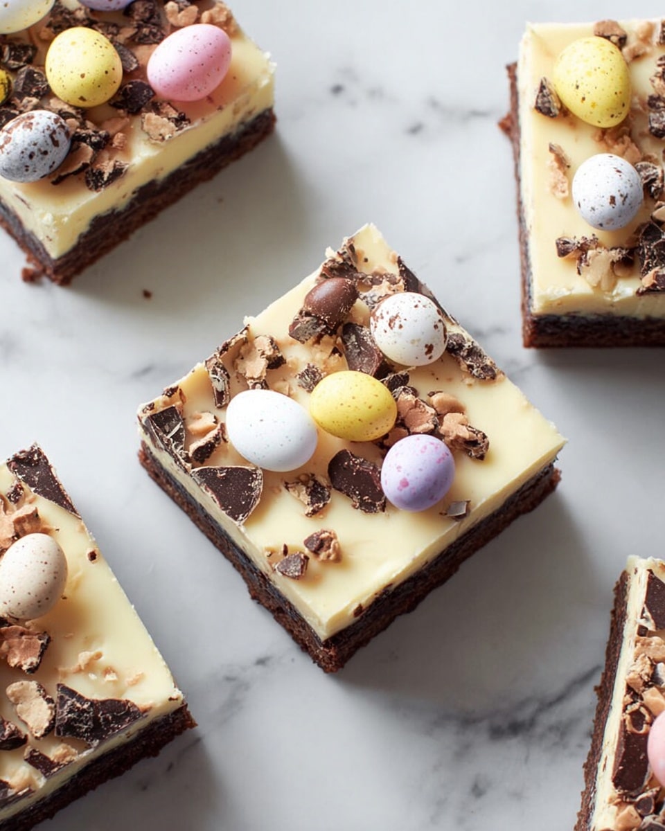 The image shows four square pieces of dessert placed on a white marbled surface. Each piece has two visible layers: the bottom layer is dark brown with a rich, dense texture, and the top layer is light cream in color with a smooth, glossy finish. On top of the light layer, there are broken small candy eggs in different colors such as white, pink, yellow, and purple scattered unevenly, with some chocolate bits mixed in, adding a textured look. The pieces are arranged loosely in a flat layout, showing the contrast between the dark base and the bright topping. photo taken with an iphone --ar 4:5 --v 7