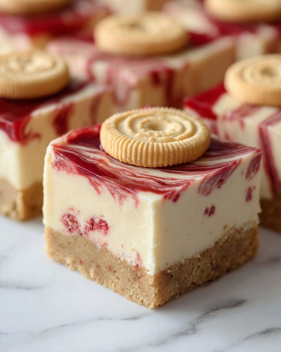 The image shows a close-up of a square dessert bar with three clear layers. The bottom layer is a thick, crumbly light brown base with small red flecks. The middle layer is a smooth, creamy off-white layer. On top, the third layer has swirls of red jelly spread over the cream with light golden round cookies placed on the surface, each cookie having a small hole in the center and a textured edge. The dessert bars are arranged in a row on a white marbled surface. photo taken with an iphone --ar 4:5 --v 7