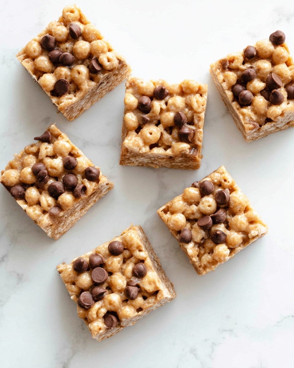 The image shows six square pieces of a snack bar arranged loosely on a white marbled surface. Each bar has two visible layers: a dense base layer in light tan color and a top layer made of light brown cereal balls mixed with darker chocolate chips scattered throughout. The top layer has a glossy, sticky texture that binds the cereal and chocolate together. The bars have clean, sharp edges and the chocolate chips vary slightly in size and are irregularly placed across the top surface. Photo taken with an iphone --ar 4:5 --v 7