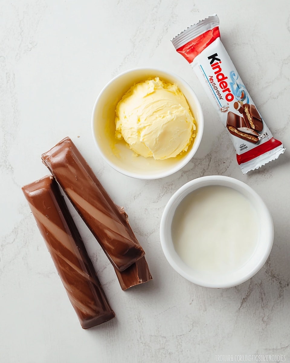 The image shows three chocolate bars with a smooth and slightly shiny milk chocolate coating and thin darker chocolate stripes, lying on a white marbled surface. Near the bars, there are two small white bowls: one filled with pale yellow butter that has a soft, creamy, and slightly uneven texture, and the other with white liquid cream that looks smooth and glossy. To the right of the chocolate bars and bowls, there is a wrapped Kinder Bueno chocolate bar in white packaging with red and brown text and images. The whole setup is arranged neatly on the white marbled surface, with balanced spacing around each item. photo taken with an iphone --ar 4:5 --v 7