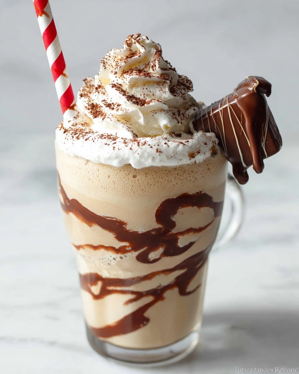 A creamy light brown milkshake fills a clear glass cup with a thick, swirled chocolate sauce pattern inside. The top of the milkshake holds a tall swirl of white whipped cream dusted with fine dark cocoa powder. A striped red and white paper straw rises from the middle, and a chocolate-covered candy bar with dark drizzle rests on the right side, partially embedded in the whipped cream. The glass performs a slight sheen under soft lighting, placed on a white marbled surface. photo taken with an iphone --ar 4:5 --v 7