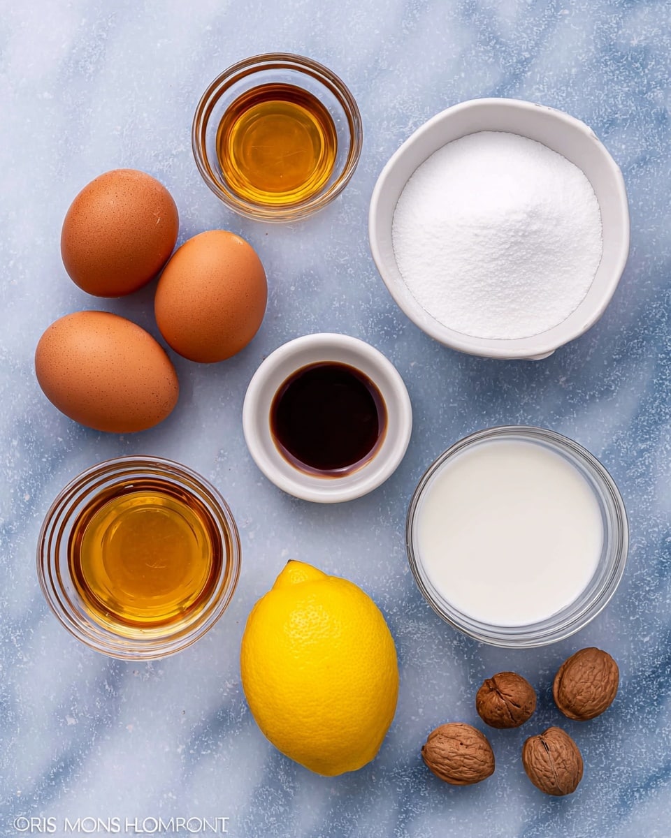 The image shows a collection of ingredients neatly arranged on a white marbled surface. There are three brown eggs grouped together on the left side. To the right of the eggs, a white bowl filled with white granulated sugar sits at the top, and directly below it is a whole yellow lemon. Between the lemon and sugar bowl, there is a small white bowl with a dark liquid inside, likely vanilla extract. Above the lemon are two small glass bowls filled with golden brown liquids, placed one above the other. To the right of these bowls, two clear glasses hold a white liquid, possibly milk or cream. Near the bottom right corner, three whole nutmegs rest close together. The image is bright and clear, taken from above. photo taken with an iphone --ar 4:5 --v 7