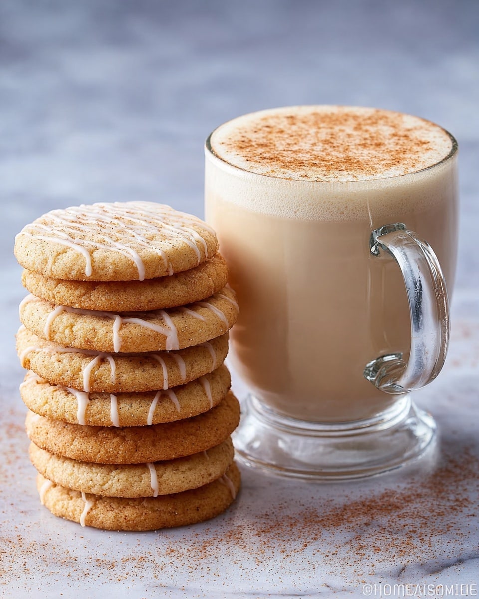 A stack of eight round, light golden cookies with a slightly cracked surface and drizzled with thin lines of white icing sits on a white marbled surface. Next to the cookies is a clear glass mug filled with a creamy, beige drink topped with a light dusting of cinnamon powder that creates a warm contrast on the smooth frothy layer. The mug’s clear handle is visible on the right side. Photo taken with an iphone --ar 4:5 --v 7