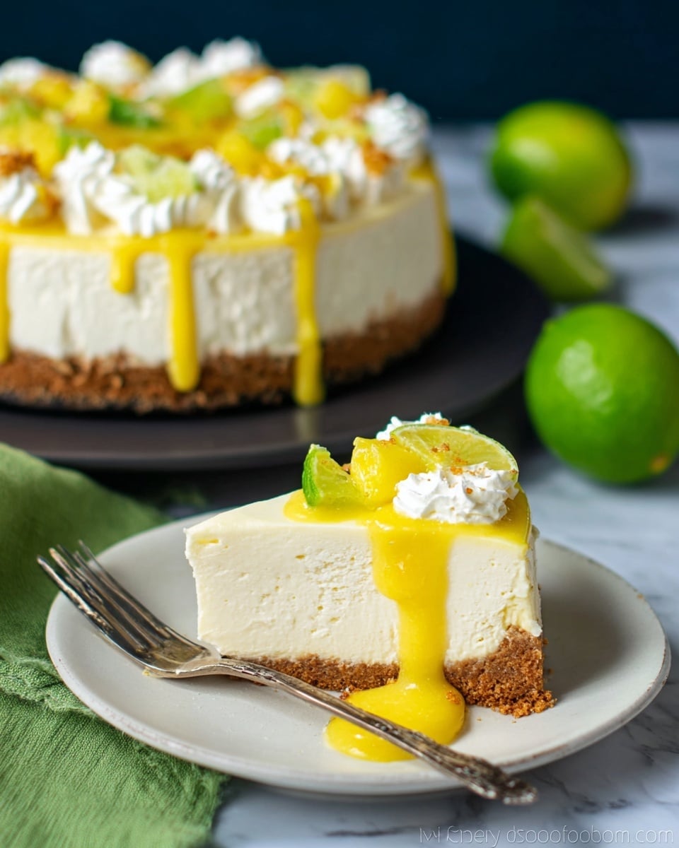 A slice of three-layered cheesecake sits on a white plate, with a crumbly brown crust at the bottom, a thick, creamy white middle layer, and whipped cream decorations on top. The slice is drizzled with bright yellow sauce that flows down the sides, and it is topped with small pieces of green lime and yellow lemon. In the background, the whole cheesecake, decorated with the same whipped cream and citrus pieces, is shown on a dark surface. Two whole green limes are placed beside the plate on a white marbled texture. A fork rests on the plate next to the slice, and a green cloth is partially visible. Photo taken with an iphone --ar 4:5 --v 7