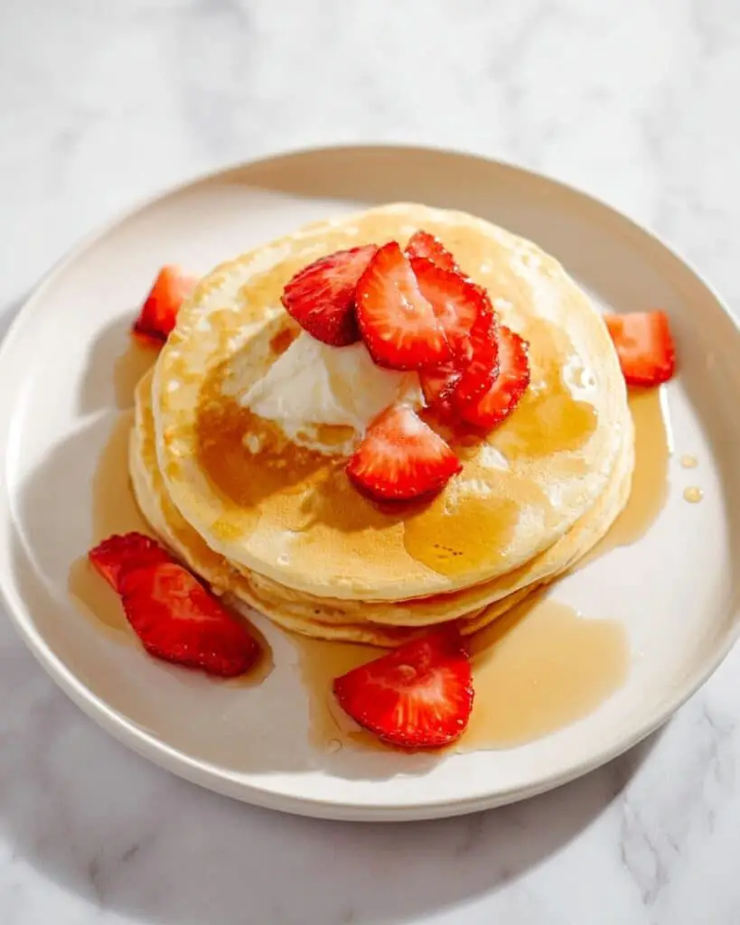 Air Fryer Pancakes with Strawberries, Ice Cream, and Maple Syrup Recipe