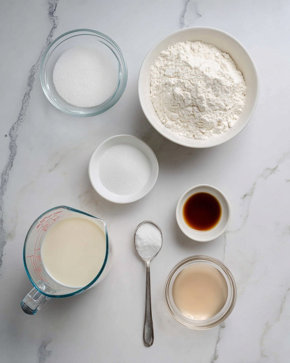 The image shows seven containers with baking ingredients on a white marbled surface. At the top right, there is a white bowl filled with white flour. To the left of it, a clear glass bowl holds white baking soda. Below the bowls, a large clear glass measuring cup is filled with a pale liquid, likely milk. To the right of the cup, a small clear glass bowl contains white granulated sugar. Below these, there is a silver spoon with a small amount of white salt on it. At the bottom right, a clear glass bowl is filled with a light brown liquid, and to the left of it, a small white bowl holds a darker brown liquid, possibly vanilla extract. The setting is clean and bright with a top-down view. Photo taken with an iphone --ar 4:5 --v 7