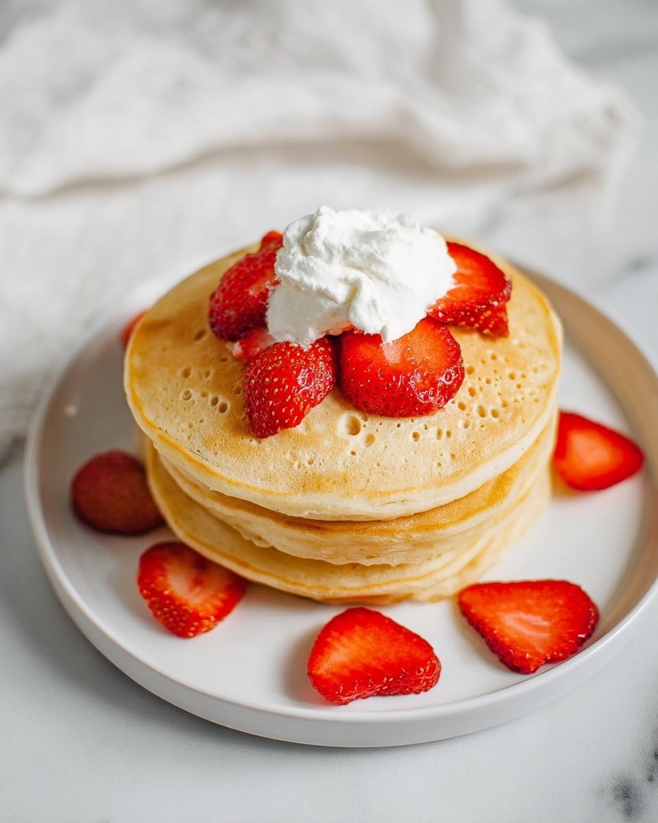 A stack of four thick, light golden pancakes sits on a white plate. The pancakes have a soft, fluffy texture with small air bubbles on the surface, and the edges are slightly crispy with a deeper golden brown color. On top, there is a dollop of white whipped cream, surrounded by five bright red strawberry slices arranged evenly around it. Additional strawberry slices lie scattered on the plate around the pancake stack. The scene is set on a white marbled surface with a soft white cloth in the background. Photo taken with an iphone --ar 4:5 --v 7