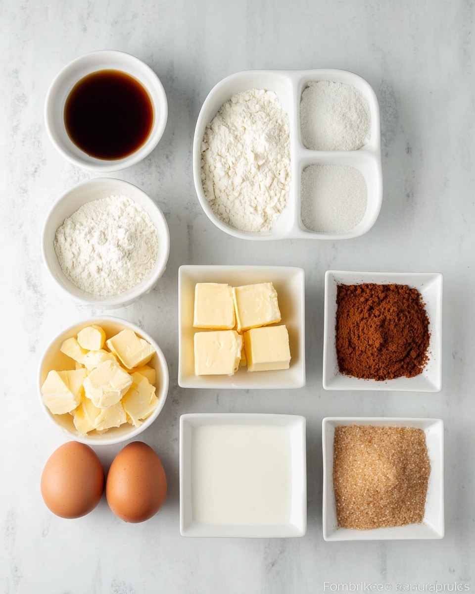 The image shows eight ingredients arranged in two rows on a white marbled surface. The top row has four white bowls: a small round bowl with dark brown liquid, a divided square dish with two piles of white powder, a round bowl filled with white flour, and a round bowl filled with white milk. The bottom row features, from left to right, two brown eggs placed next to a white bowl of pale yellow butter cubes, then a square white dish with reddish-brown powder, and finally a square white dish with light brown sugar. All items are neatly placed with clear separation, viewed from above. photo taken with an iphone --ar 4:5 --v 7