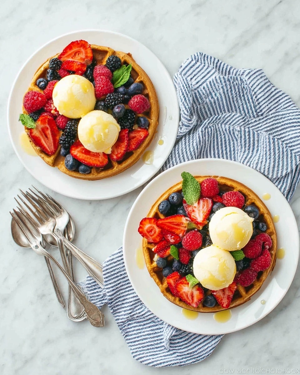 Two white plates each hold a round waffle with a golden brown color and a crisp texture. The waffles are topped with three round scoops of creamy, pale yellow ice cream arranged in the center. Around the ice cream, there is a colorful mix of fresh berries including bright red raspberries, sliced red strawberries with green leaves, and deep blue blueberries, evenly spread on the waffles. A drizzle of light yellow sauce is visible on the ice cream and slightly on the berries. The plates are placed on a white marbled surface with a blue and white striped cloth partially underneath. Near one plate, four silver spoons and forks rest in a small stack. The photo taken with an iphone --ar 4:5 --v 7