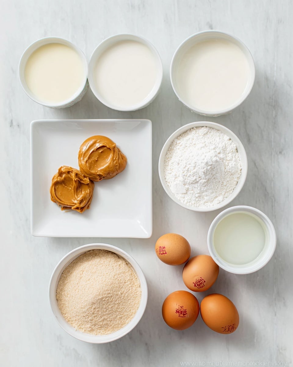 The image shows eight ingredients neatly arranged on a white marbled surface. At the top row from left to right, there are three white bowls filled with cream, milk, and flour. Below them, on the left is a square white plate with two dollops of smooth peanut butter. Next to it is a small round white bowl filled with light brown sugar, then a smaller white bowl holding white baking powder. At the bottom right, a small white cup contains a light clear liquid, and beside it lie two brown eggs with red stamps on the shell. The composition is clean and orderly, all containers are white, and the background is a white marbled texture photo taken with an iphone --ar 4:5 --v 7