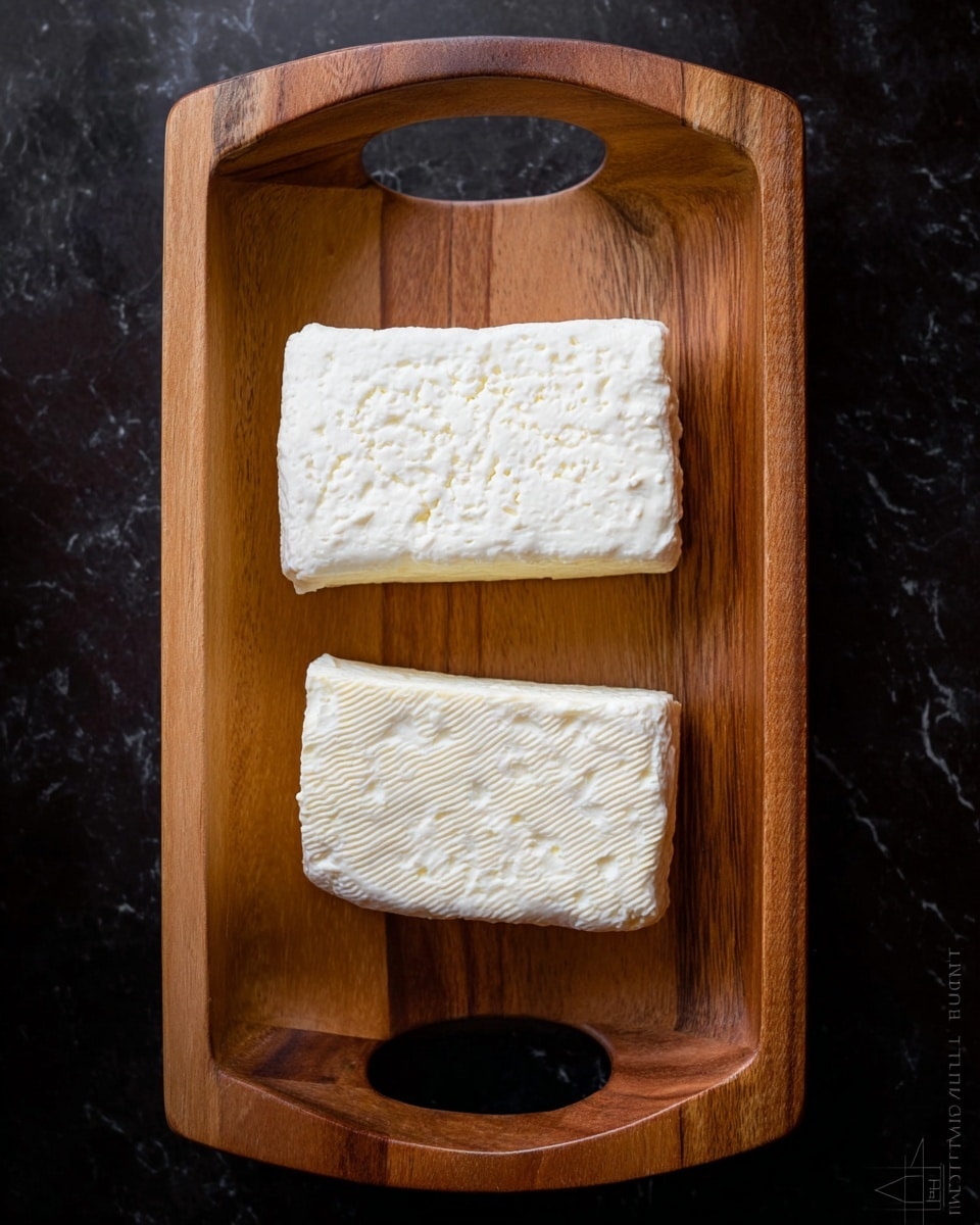 A wooden tray holds two blocks of soft white cheese placed side by side, each showing a slightly crumbly texture with small holes and a patterned surface on one side. The cheese blocks are rectangular but uneven, with the top one slightly larger and more textured. The tray’s warm brown wood grain contrasts with the bright white cheese, and it features two rounded handles carved into the short sides. The background is a dark surface, but it should be a white marbled texture. photo taken with an iphone --ar 4:5 --v 7
