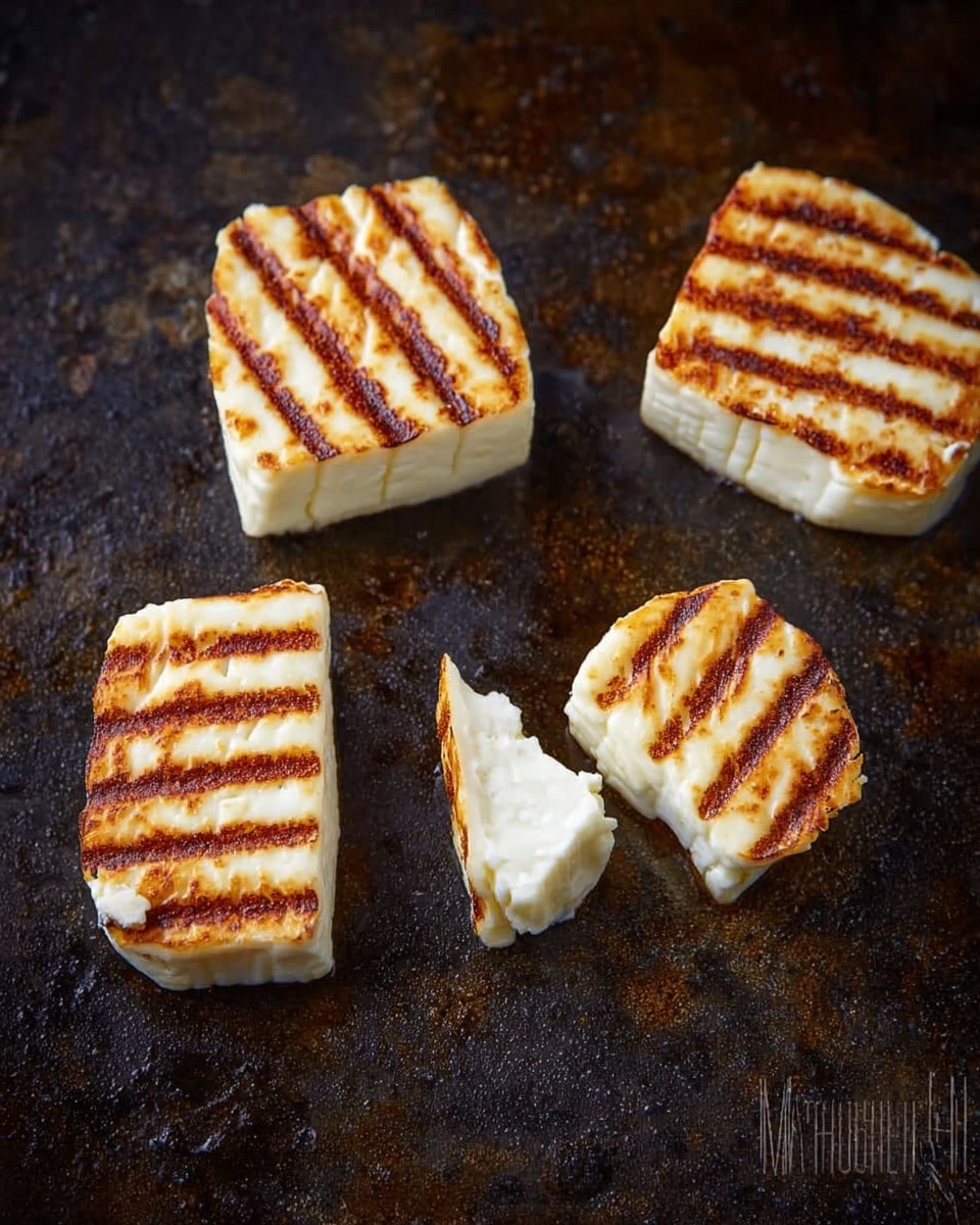 Four pieces of white cheese with golden brown grill marks lie on a dark cooking surface. Three pieces are grouped, two of which show one piece with a small slice removed, revealing the soft, white inside. The cheese has a firm but slightly soft texture with clear striped grill lines on top, adding a toasted look. The background is a rough, dark cooking pan surface. photo taken with an iphone --ar 4:5 --v 7