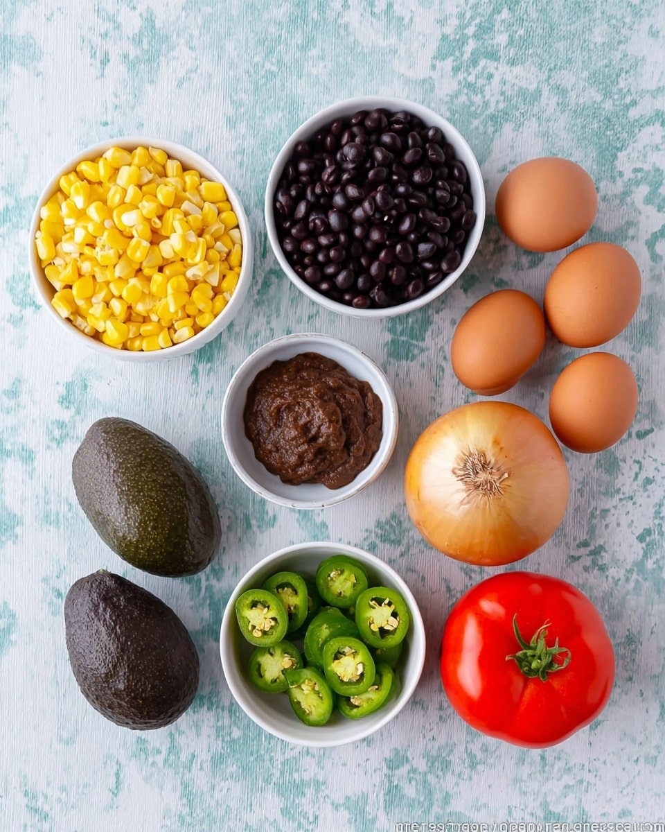 The image shows a bright spread of ingredients on a white marbled surface. At the top left, there is a white bowl filled with yellow corn kernels. Below it, another white bowl is filled with dark black beans. To the right of the corn, a small white bowl contains a thick dark brown paste. Below that, a small white bowl with sliced green jalapeños is placed. On the right side, three brown eggs sit in a row, next to a dark, rough-textured avocado. Below the avocado, there is a round, light brown onion. To the right of the onion, a bright red tomato with a green stem completes the arrangement. The setup is clean and organized with lively colors and simple textures. photo taken with an iphone --ar 4:5 --v 7