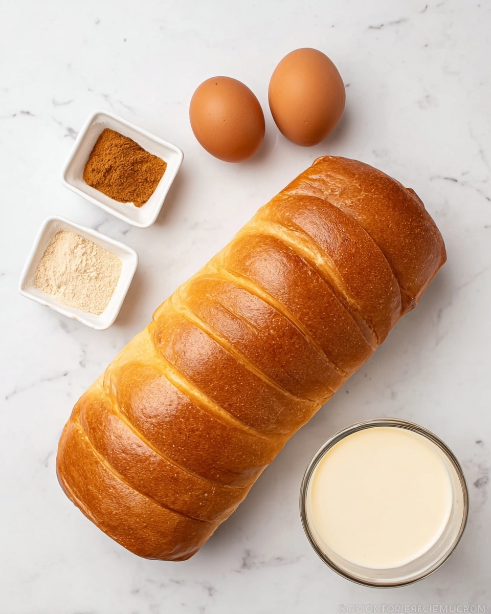The image shows a fresh long loaf of bread with a golden-brown crust, placed flat on a white marbled surface. Above the bread, there are three brown eggs arranged close together. To the left of the eggs, a small white dish with two compartments contains a light brown powder on the left and a darker brown powder on the right. To the right of the eggs, there is a clear glass filled with a creamy light beige liquid. photo taken with an iphone --ar 4:5 --v 7