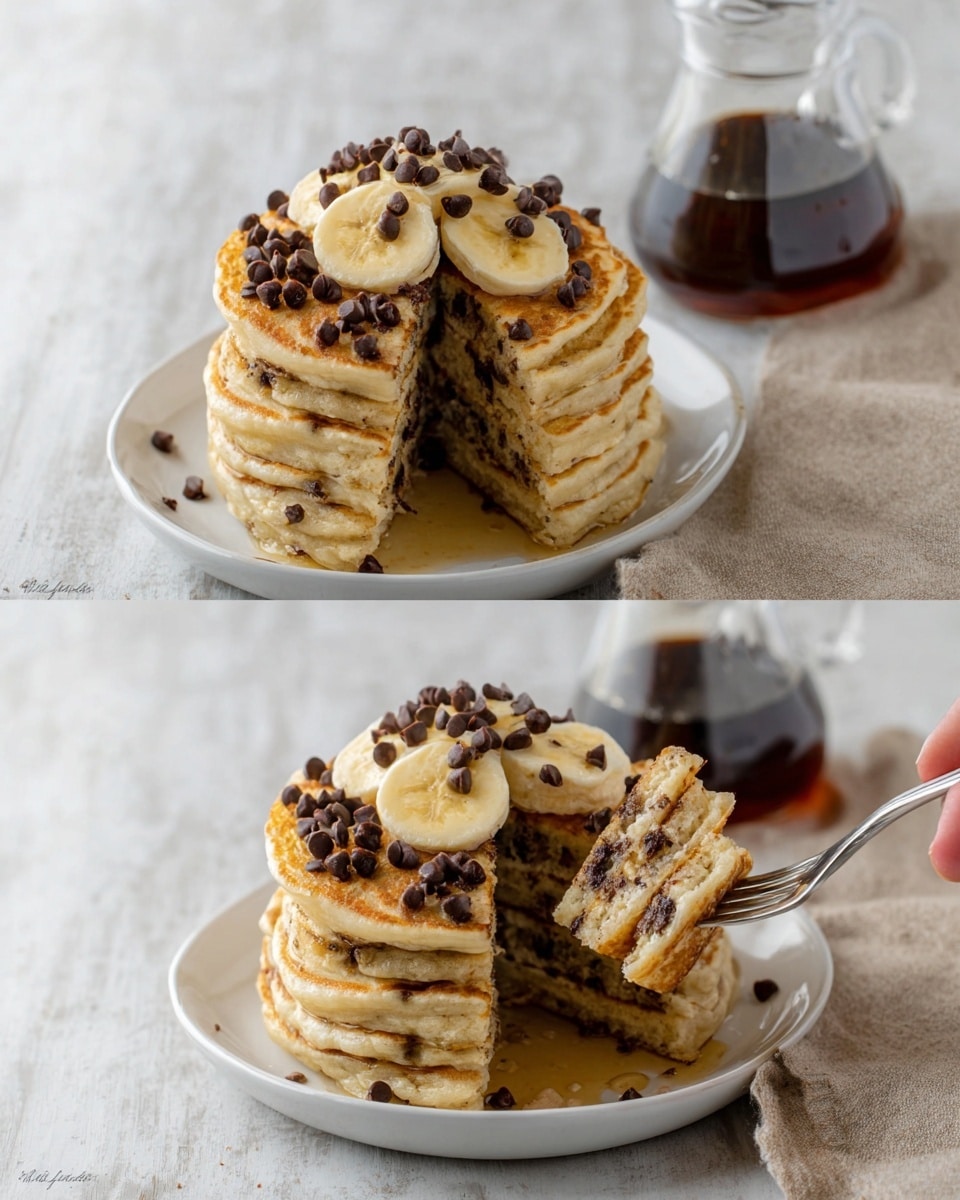 A stack of six thick pancakes with a light golden brown color and visible chocolate chips inside is placed on a white plate on a white marbled surface. On top of the stack are five round slices of banana arranged in a small pile, sprinkled with a generous amount of dark chocolate chips. A portion of the stack is missing, showing the soft inside of the pancakes with chocolate chips, and a fork with a bite-sized piece of pancake is held by a woman’s hand. In the background, there is a glass pitcher filled with dark syrup. The setting is simple and clean, highlighting the texture of the pancakes and toppings. photo taken with an iphone --ar 4:5 --v 7