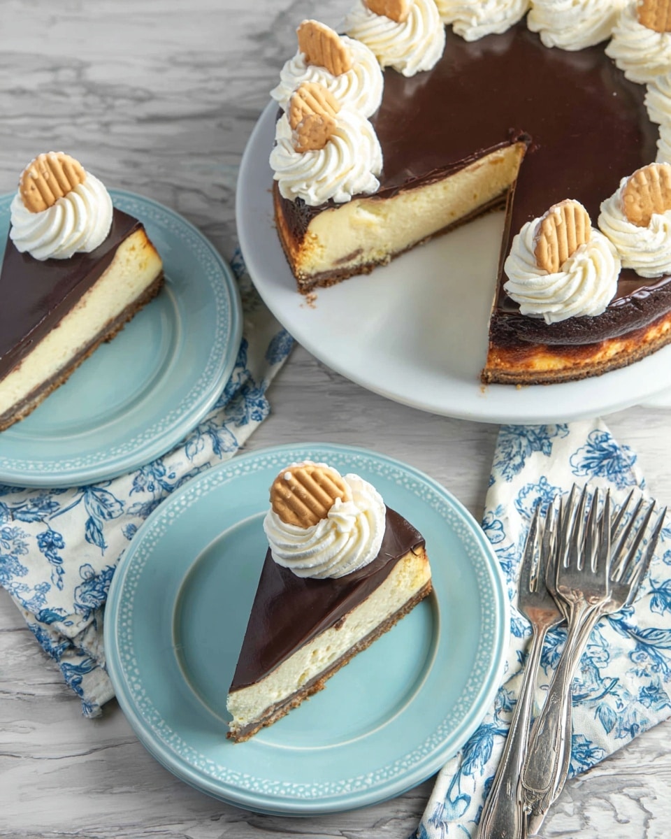 The image shows a cheesecake with three main layers on a white plate; the bottom layer is light brown, crumbly crust, the middle layer is creamy off-white cheesecake, and the top layer is a smooth dark chocolate glaze. The cheesecake is decorated with swirls of white whipped cream evenly spaced on top, each topped with a small light tan cookie. Two triangular slices are served on light blue plates with patterned edges, each slice topped with a swirl of whipped cream and a small cookie. The setting is on a white marbled surface with two silver forks resting beside the plates and a folded white napkin with blue floral print under one plate. Photo taken with an iphone --ar 4:5 --v 7