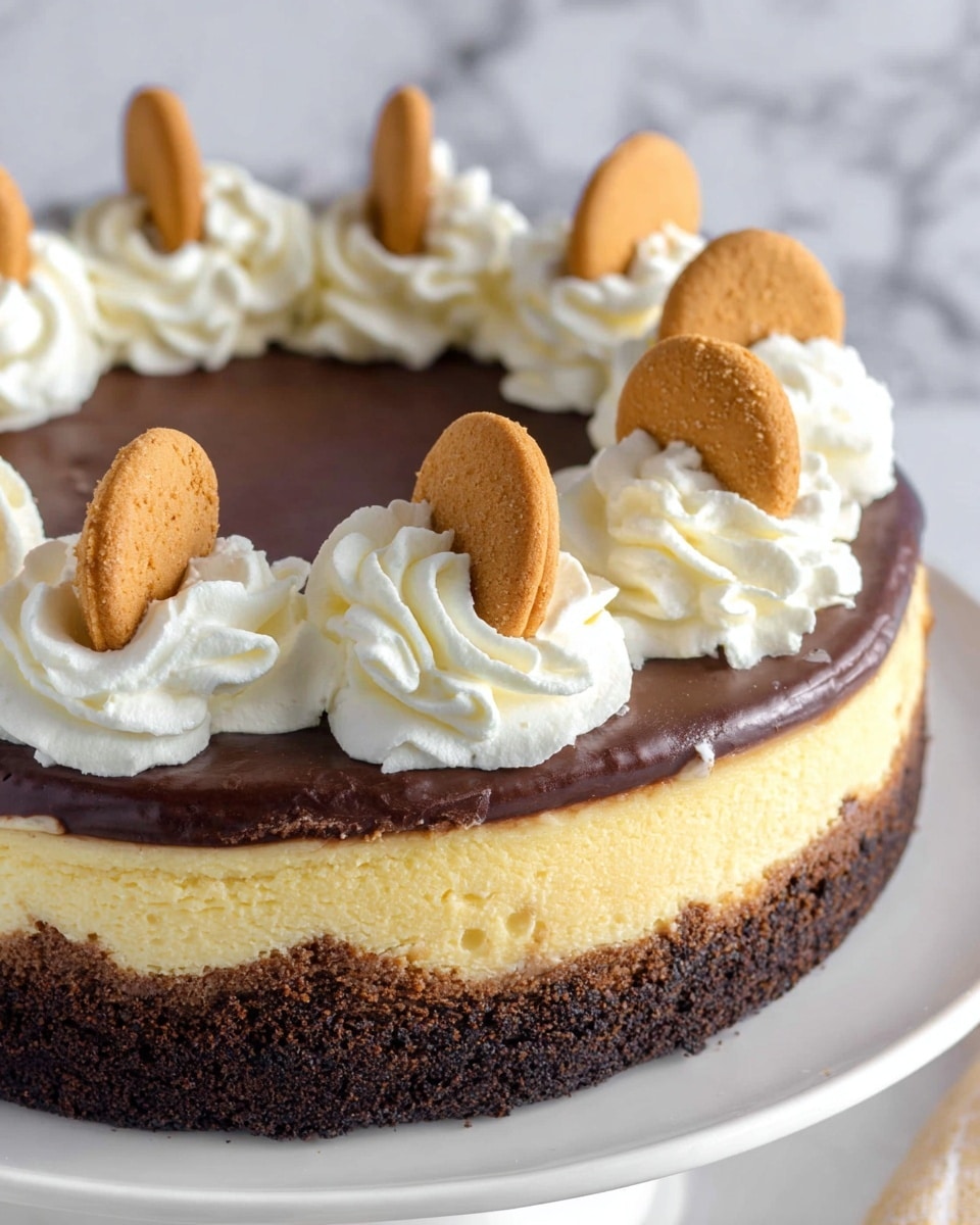 The image shows a cheesecake with three visible layers: a dark brown crumbly base, a thick creamy yellow middle layer, and a smooth dark chocolate layer on top. Around the edge of the cheesecake, there are eight swirls of white whipped cream, each topped with a small oval-shaped golden cookie that is partly inserted into the cream. The cheesecake is placed on a white plate, and the background is a white marbled texture. The photo taken with an iphone --ar 4:5 --v 7