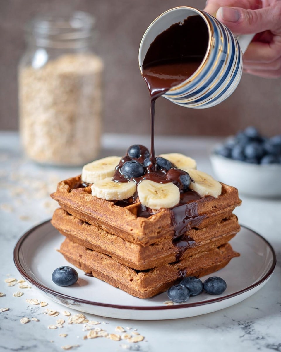 A stack of four thick, golden-brown waffles sits centered on a white plate with a thin dark rim. On top of the waffles, there are several round slices of banana, each a pale yellow color with a smooth texture. Scattered among the banana slices are several plump, deep blue blueberries. A woman's hand is pouring a rich, dark chocolate sauce from a small white cup with a blue and gold stripe near the top. The background shows a blurred white marbled surface with a jar of oats and a small bowl of blueberries, adding subtle texture and depth. photo taken with an iphone --ar 4:5 --v 7