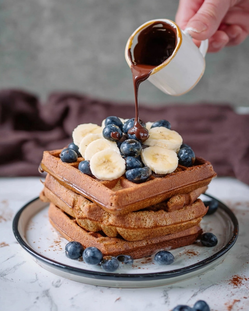 A stack of four thick, golden brown waffles is placed in the center of a white plate with a black rim, set on a white marbled surface. On top of the waffles, there are three evenly spaced slices of pale yellow banana with a smooth texture, surrounded by fresh, round blueberries that are deep blue with a slight shine. A woman's hand is holding a small white cup with a gold rim, pouring rich, dark brown chocolate sauce over the fruit and waffles. The background is softly blurred with neutral tones, and a dark brown cloth is partially visible behind the plate. photo taken with an iphone --ar 4:5 --v 7