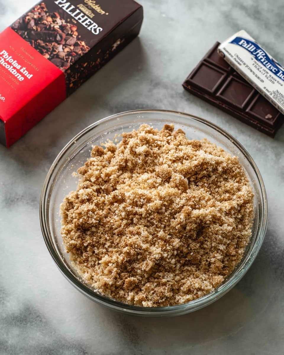 A clear glass bowl filled with a crumbly mixture of light and dark brown pieces, looking like crushed graham crackers or a crumb crust. The bowl is placed on a white marbled surface. Next to the bowl, there are two dark brown boxes of Baker’s semi-sweet chocolate with a red bottom half, and a white box of Philadelphia original cream cheese. The scene is simple and clean, focusing on the crumb layers and baking ingredients photo taken with an iphone --ar 4:5 --v 7