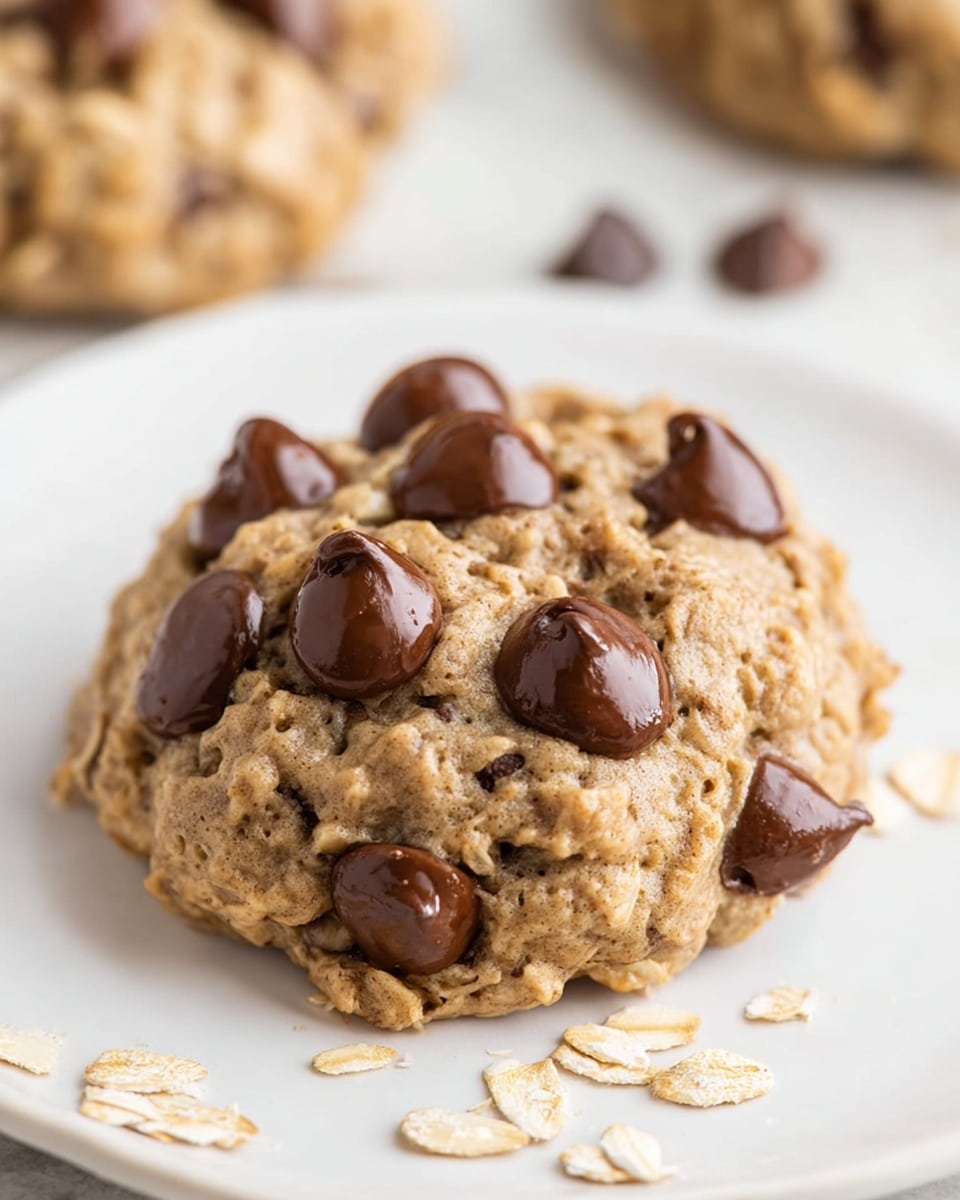 A close-up view of a soft cookie with a light brown textured dough that has small oat pieces mixed throughout. The cookie is filled with plenty of shiny dark brown chocolate chips on the top and sides, creating a bumpy surface. The cookie sits on a white plate with scattered oat flakes around it. In the background, there is a slightly blurred view of another cookie with the same look. The scene is set on a white marbled surface. photo taken with an iphone --ar 4:5 --v 7