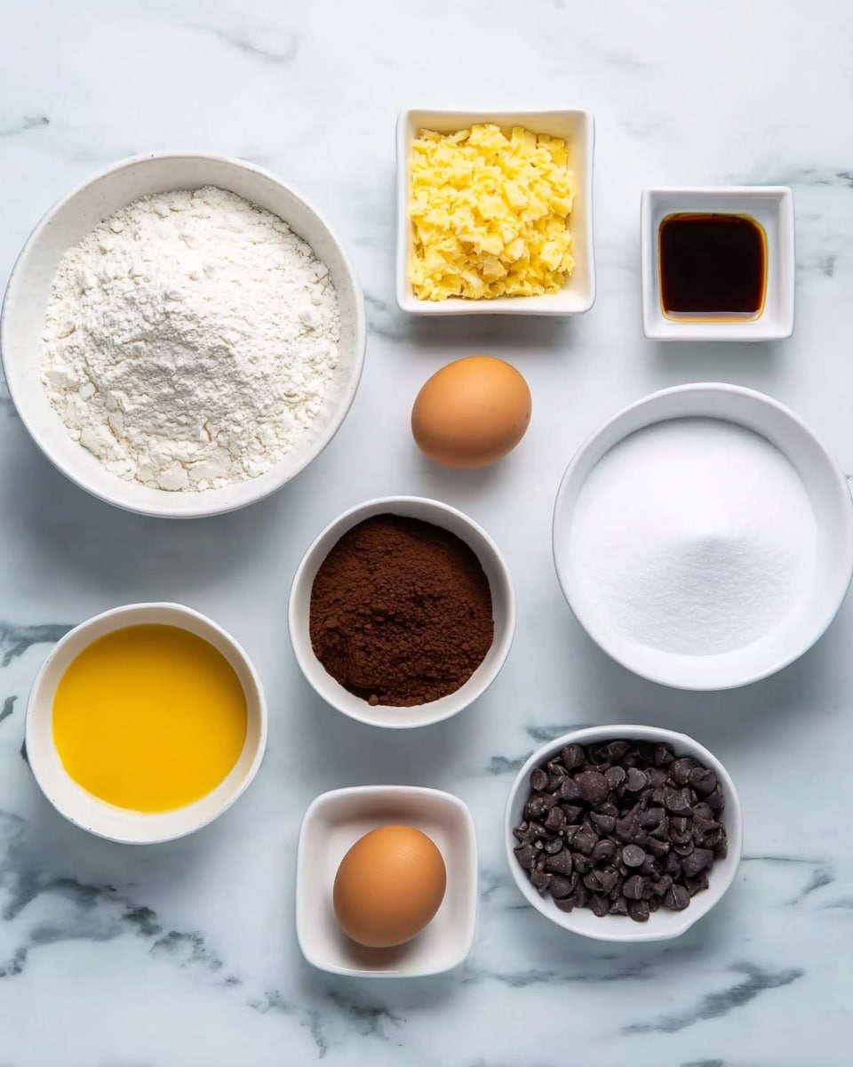 The image shows eight white bowls and two brown eggs placed on a white marbled surface. There is a large bowl of white flour on the left side and next to it a smaller bowl of dark brown cocoa powder. In the middle at the top is a square bowl with crushed yellow banana. To the right of the eggs, there is a large white bowl filled with white granulated sugar. Below that, a medium bowl holds golden yellow melted butter. At the bottom right, a bowl contains dark chocolate chips. At the top right corner are two small square bowls, one with white powder (likely baking powder) and the other with dark brown vanilla extract. The bowls are neatly arranged and spaced evenly across the surface photo taken with an iphone --ar 4:5 --v 7