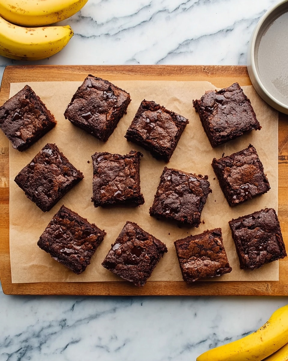 Twelve rectangular chocolate brownies are evenly placed on a sheet of parchment paper on top of a wooden cutting board. Each brownie has a dark brown color with a cracked, slightly shiny top showing a dense and rich texture inside. The cutting board rests on a white marbled surface with a light gray plate and a bunch of ripe bananas partially visible around the edges. Photo taken with an iphone --ar 4:5 --v 7