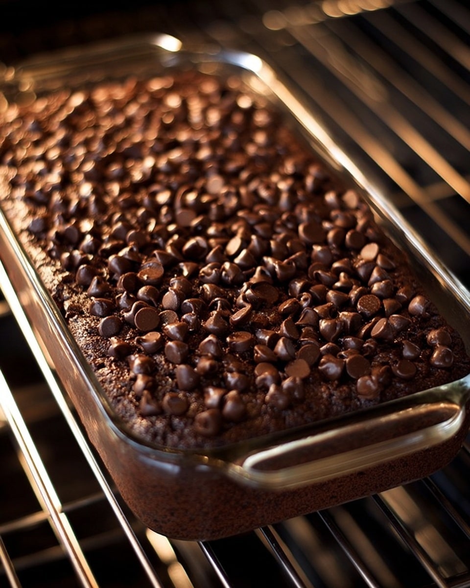 The image shows a rectangular glass baking dish filled with a single thick layer of dark chocolate cake, topped with many small, shiny dark chocolate chips evenly spread across the surface, giving it a textured look. The dish is placed on an oven rack with a blurred dark background behind it. The cake appears rich and moist with a slightly cracked top. Photo taken with an iphone --ar 4:5 --v 7